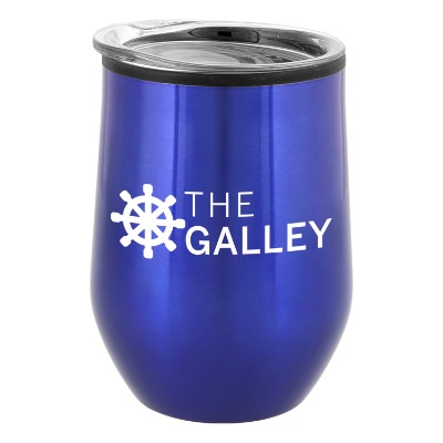 Blue stainless wine tumbler with custom logo.
