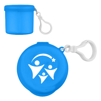 Poncho with blue case and custom logo.