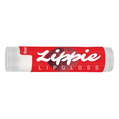 Clear plastic lip balm with a branded logo.