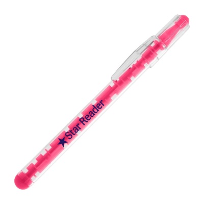 Pink plastic maze pen with a personalized logo.