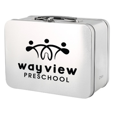 Tin lunch box with custom imprint.