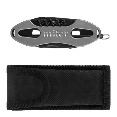 Gunmetal multi-tool with custom engraved imprint.