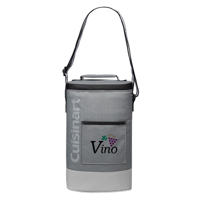 Gray polyester cooler with a custom logo.