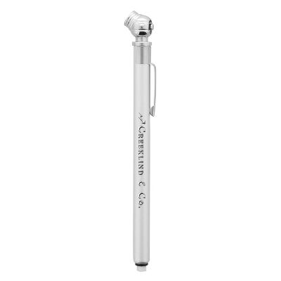 Silver tire gauge made of metal with custom laser engraved.