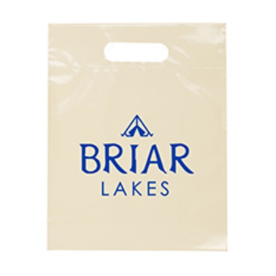 Plastic buff die cut bag with custom imprint.