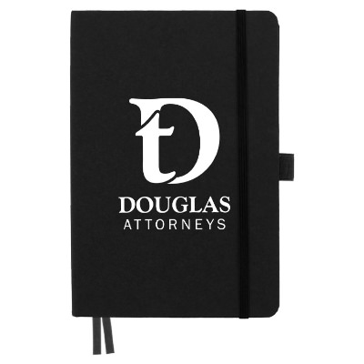 Black recycled marine bound journalbook with a custom logo.