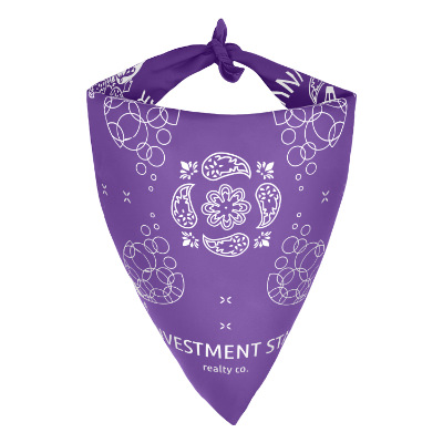 Purple bandana with custom one-color imprint.