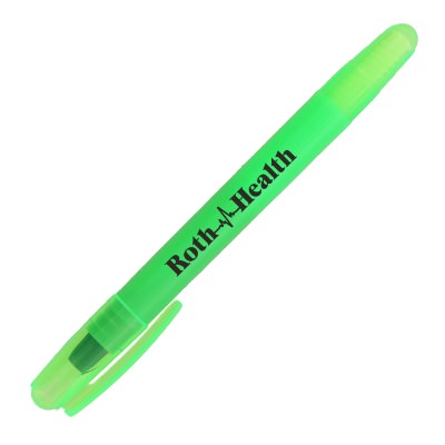 Green plastic highlighter with a customized logo.