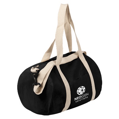Black barrel gym bag with white custom logo.