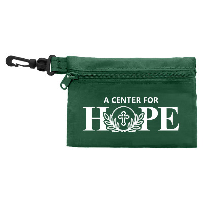 Green polyester first aid kit with a personalized imprint.