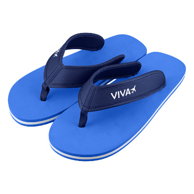 Royal blue flip flops with blue straps and a custom logo.