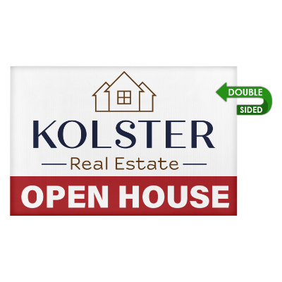 White plastic yard sign with a custom logo.