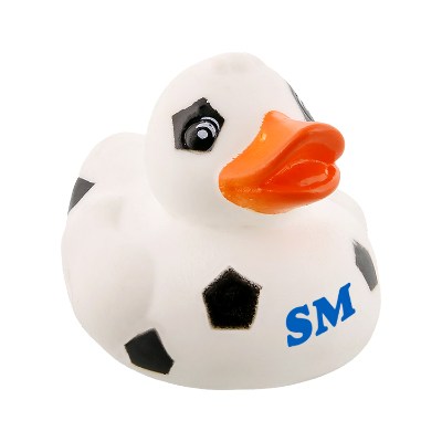 Plastic white rubber duck with a personalized imprint.