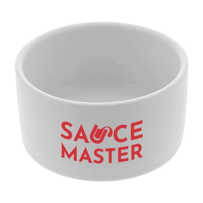 White ceramic bowl with one color promotional imprint.