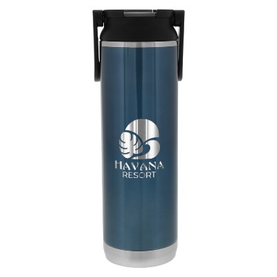 Blue stainless water bottle with custom engraved logo.