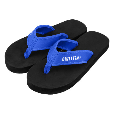 Black flip flops with royal strap and custom logo.