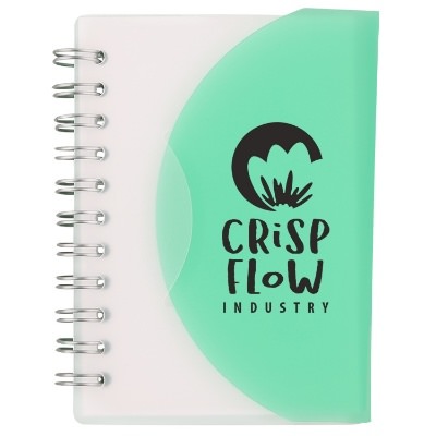 Customized translucent green notebook with fold over closure.