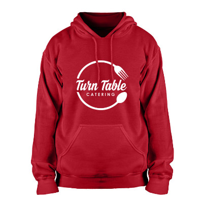 Customized cherry red hooded sweatshirt.