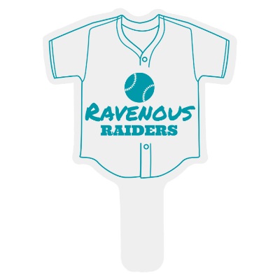 White plastic hand fan with a custom logo.