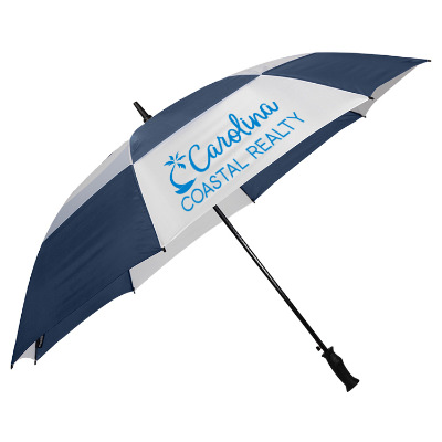 Navy with white shed rain windjammer vented auto open golf umbrella with custom imprint.
