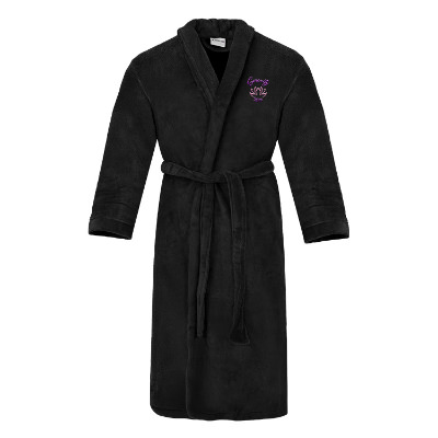 Polyester black robe with custom embroidered logo.