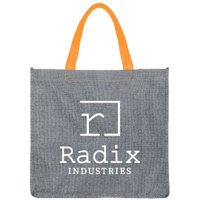 Polypropylene orange heathered tote bag with custom logo.
