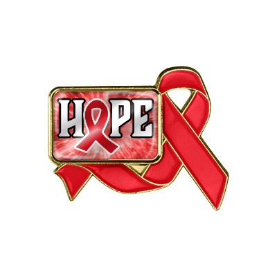 Red metal lapel pin with a personalized logo.