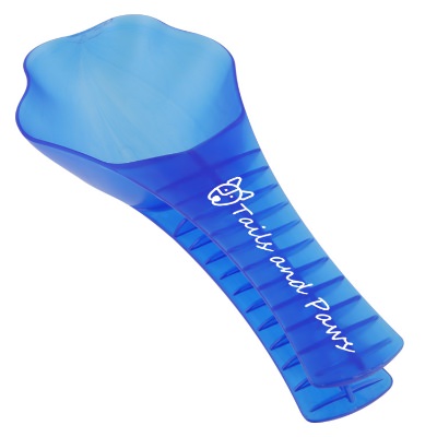 Plastic translucent blue pet food scoop chip clip with custom print.