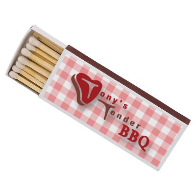 White cardboard matchbox with a custom full-color logo.