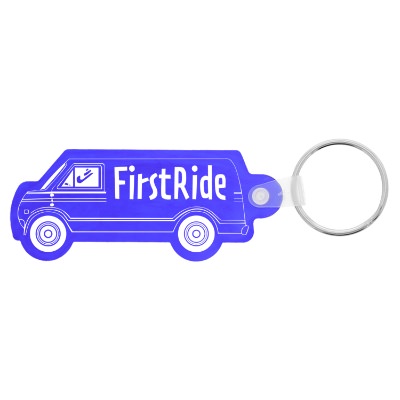 Flexible plastic van keychain with custom one color imprint.