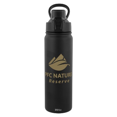 Stainless black water bottle with custom logo.