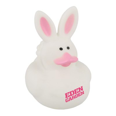 Plastic white branded rubber duck.