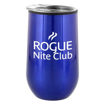 Blue stemless wine glass with custom logo.