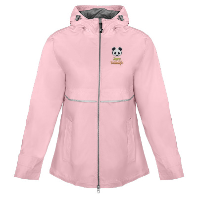 Customized pink with reflective rain jacket with embroidered logo.
