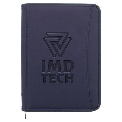 Navy executive durahyde zippered padfolio with a custom debossed imprint.