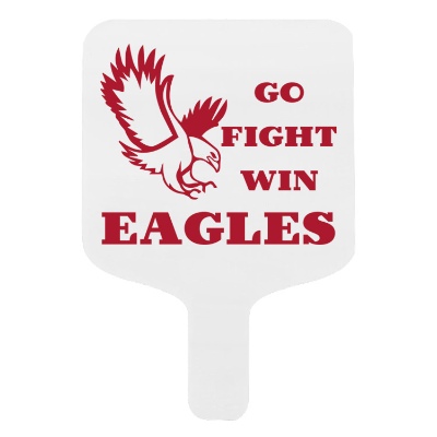 White plastic hand fan with a custom logo.