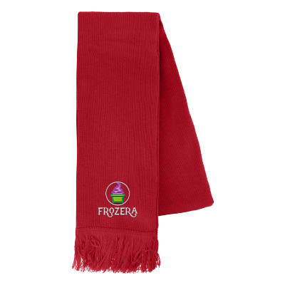 Red acrylic scarf with custom embroidered imprint.