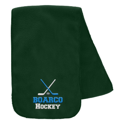 Green fleece scarf with custom embroidered logo.