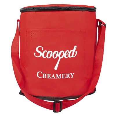 Non-woven polypropylene red round lunch cooler with logo.