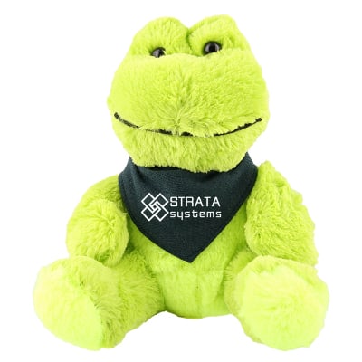 Plush and cotton frog with navy bandana with custom logo.
