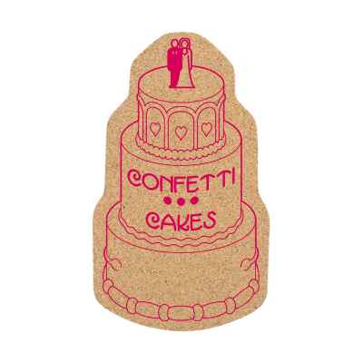 Cork wedding cake coaster with printed logo.
