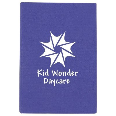 Paper red pocket journal with sticky notes and logo.