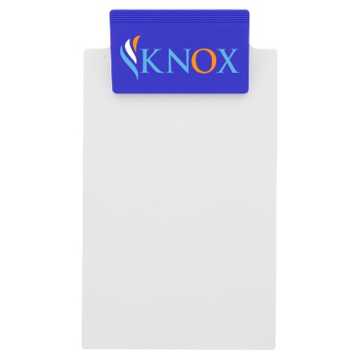 Blue polystyrene clipboard with a personalized logo.