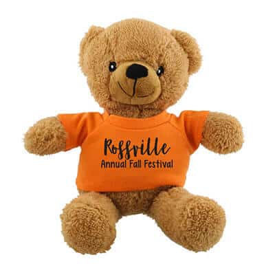 Plush and cotton orange cuddle bear-brown with imprint.