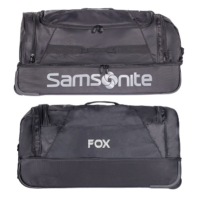 Black wheeled duffel with custom embroidered imprint.