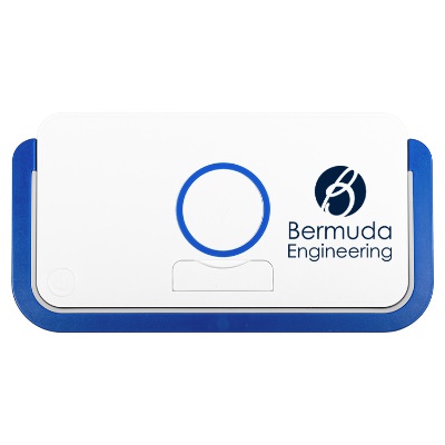 Blue plastic wireless charger with a branded logo.