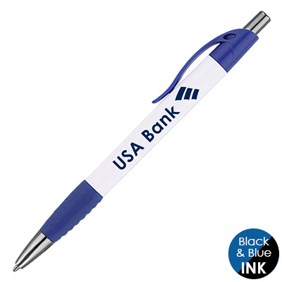 Personalized white pen with colorful accent.