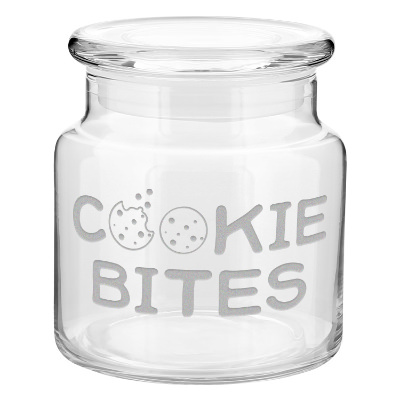 Clear glass jar with a branded imprint.