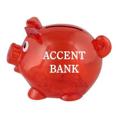 Mini plastic piggy bank with custom imprint.