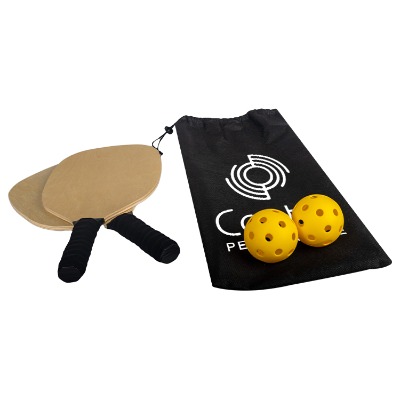 Black plastic pickleball game set with a custom imprint.